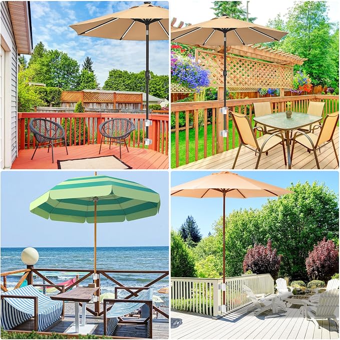Heavy Duty Deck Railing Umbrella Holder, Patio Umbrella Stand for 1-2 Inch Poles, Space-Saving Design, Secure & Sturdy Flat Mount for Deck Railing, Balcony, Outdoor Courtyard, Fences, White