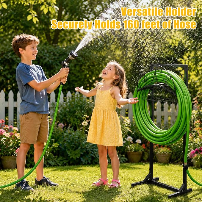 Garden Water Hose Holder - Waterhose Stand for Outside Freestanding, Heavy Duty 5-Spikes Free Standing Hose Hanger Rack Organizer with Storage Basket Holds 160ft Water Pipe for Yard Lawn