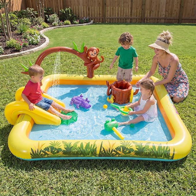 GLACER Kiddie Pool with Slide, Baby Pool with 11 Jungle Animal Toys | Inflatable Play Center with Arch Sprinkler, Repair Patches, PVC Outdoor Toddler Splash Pad for Backyard, Garden and Poolside