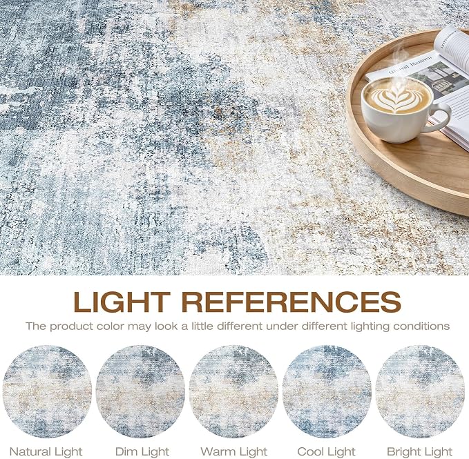 LOONGRUG Round Rug 8x8 Washable Neutral Modern Living Room Rug Blue Gold | Circle Large Abstract Soft Stain Resistant Indoor Non-Slip Carpet for Bedroom Nursery Kids Office Playroom Dining Room