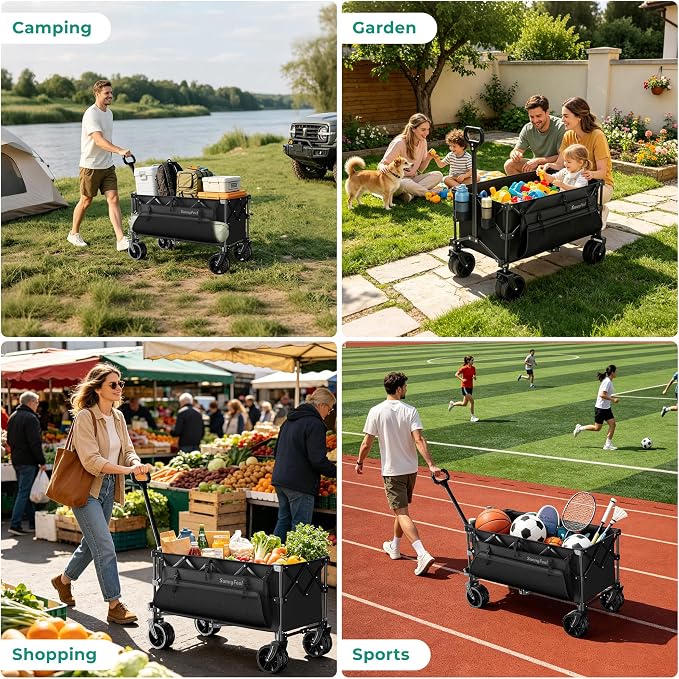 SUNNYFEEL 300L Wagon Cart Foldable - 550LBS Heavy Duty Collapsible Wagon with Big All-Terrain Wheels & Brakes, Extra Large Folding Utility Wagon for Camping, Grocery, Sports, Garden, Beach, Black