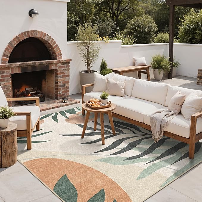GENIMO Indoor & Outdoor Area Rug 8'x10', Waterproof, Non-Shedding, Easy Cleaning, Leaf Mat for Patio, Living Room, Balcony, Dining Room, RV, Deck, Bedroom, Camping, Outside Carpet, Moss Grey