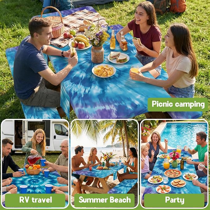 Fitted Picnic Table Cover with Bench Covers Vinyl Waterproof Elastic Edges Fitted Rectangle Table Cloth Patio Tablecloth Camping Gear Essentials Rv Accessories Road Trip Supplies Car Travel Must Have