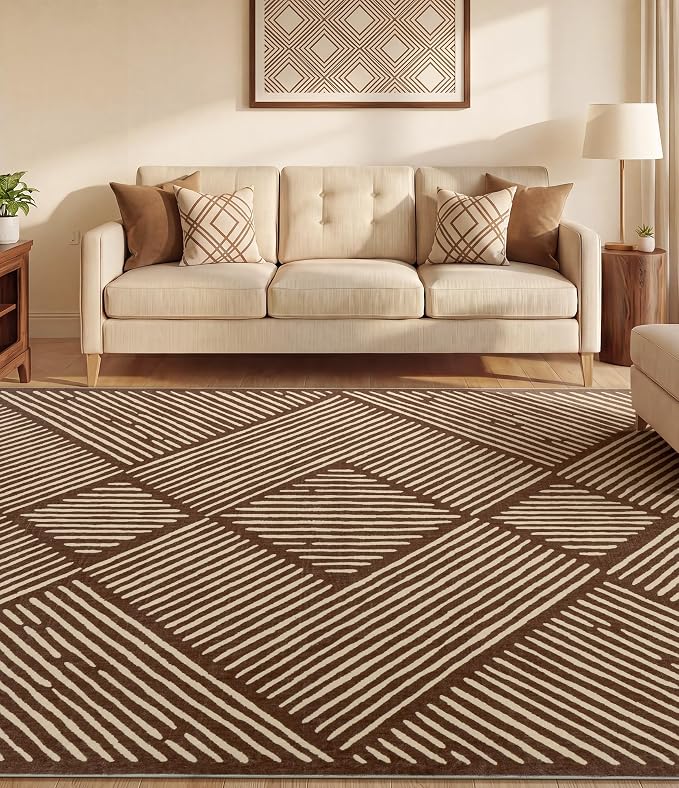 5‘x7' Washable Brown Stripe Area Rug for Living Room | Non-Slip, Soft, Low Pile, Stain Resistant, Earth Tone Geometric Rug for Bedroom Dining Room