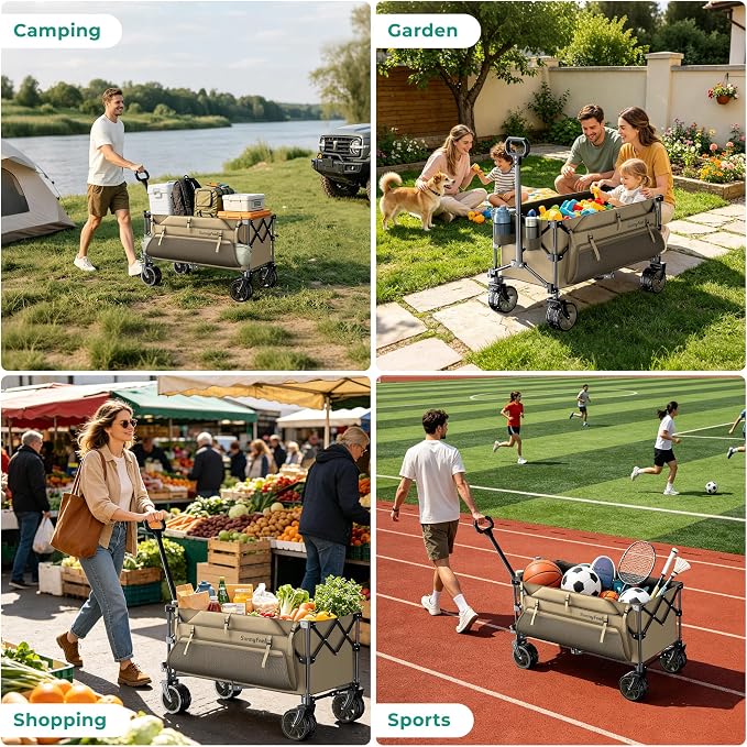 SUNNYFEEL 300L Wagon Cart Foldable - 550LBS Heavy Duty Collapsible Wagon with Big All-Terrain Wheels & Brakes, Extra Large Folding Utility Wagon for Camping, Grocery, Shopping, Sports, Beach, Khaki