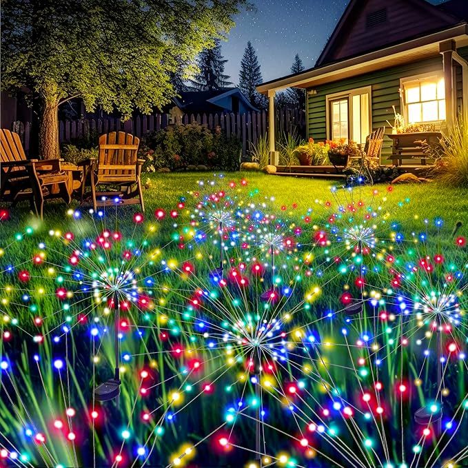 GIGALUMI Garden Decor Outdoor Lights 120LED 8Pack, Solar Garden Lights Outside Fairy Firework Decorative,Solar Powered for Yard Pathway Flowerbed Planter Balcony Patio 4th of July Decor (Multicolar