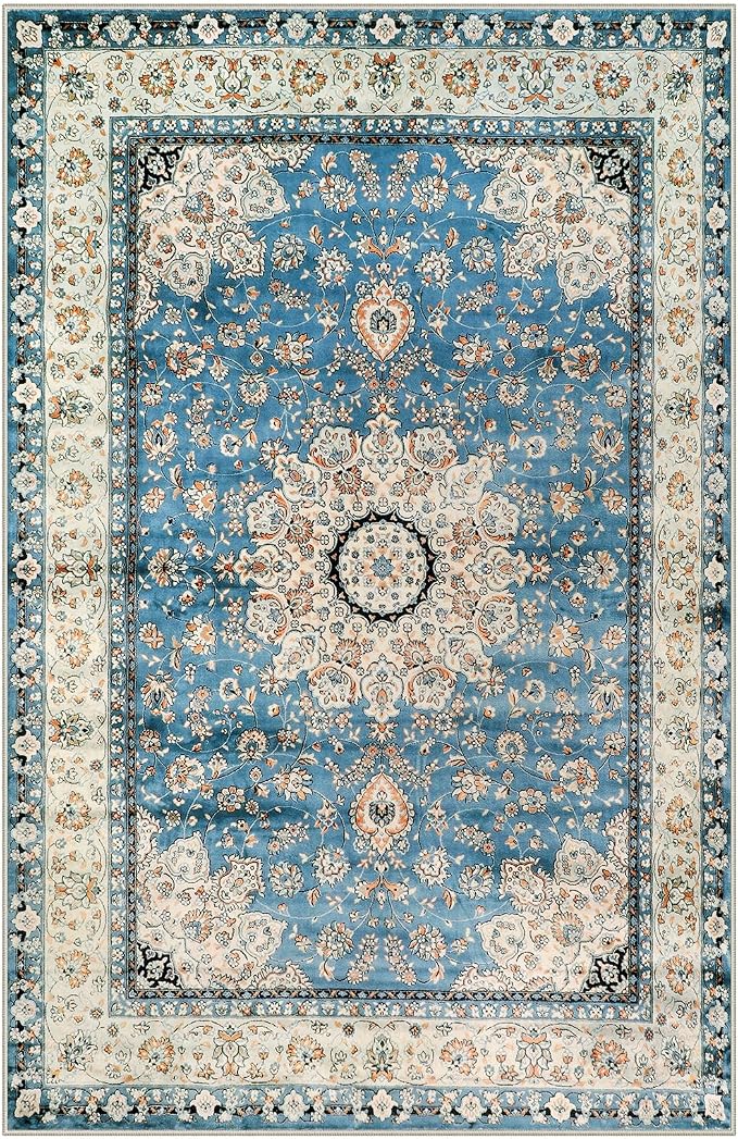 Lahome Felice Oriental Floral Medallion Area Rug, 8x10 Soft Large Rugs for Bedroom Aesthetic Dining Room Rug, Vintage Non Slip Low Pile Living Room Carpet for Family Room Foyer Den Office, Blue