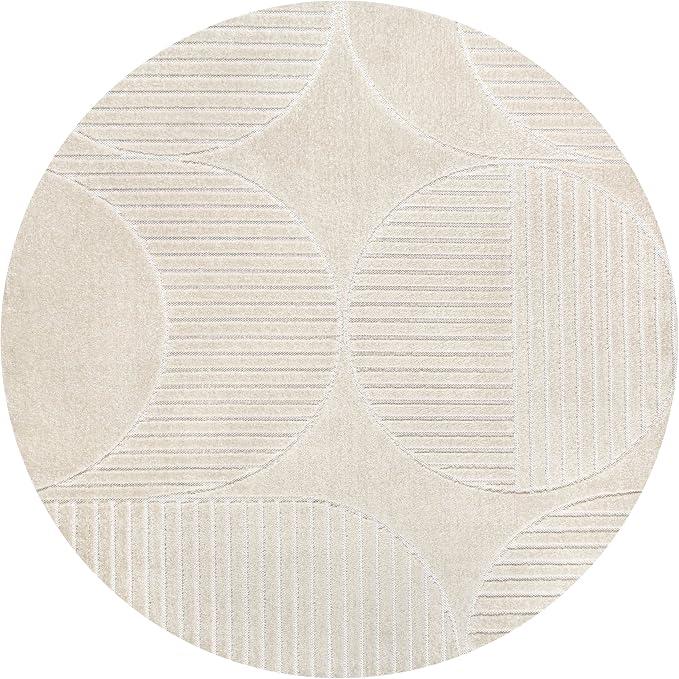 JONATHAN Y Nordby High-Low Arch Striped Ivory/Cream 5' Round Indoor/Outdoor Area Rug, Pet Friendly, Non-Shedding, Stain Resistant, Easy-Cleaning for Backyard, Patio, (SCN104B-5R)