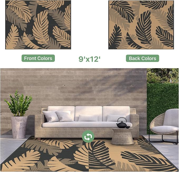 GENIMO Waterproof Outdoor Rug 9' x 12' for Patio Decor, Reversible Plastic Straw Area Rugs for Camping Clearance, RV Mat, Large Outside Carpet for Porch, Deck, Picni, Balcony, Garden, Black & Brown