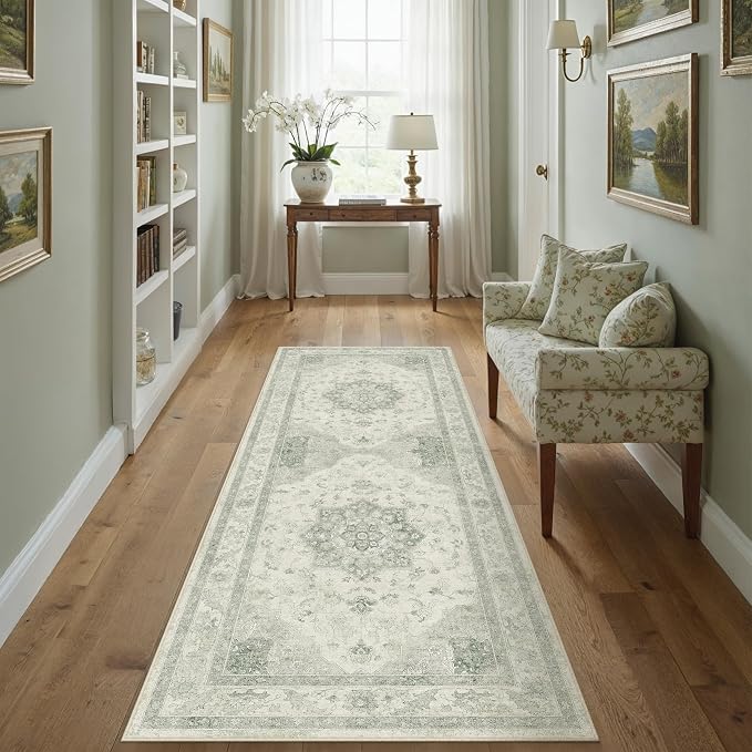 Green 2x5 Washable Runner Rug Kitchen Vintage Oriental Carpet | Soft Low Pile, Non Slip, Stain Resistant, Floral Medallion, Neutral Retro Decor for Entryway, Bathroom, Hallway, Bedroom