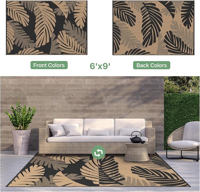 GENIMO Waterproof Outdoor Rug 6' x 9' for Patio Decor, Reversible Plastic Straw Area Rugs for Camping Clearance, RV Mat, Large Outside Carpet for Porch, Deck, Picni, Balcony, Garden, Black & Brown