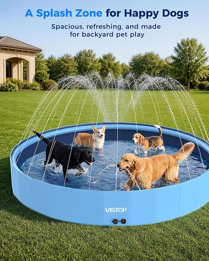 VISTOP 107" Foldable Dog Pool with Sprinkler, Extra Large Kiddie Pool for Kids & Pets, Non-Slip Hard Shell Collapsible Backyard Splash Pad for Outdoor Summer Water Play