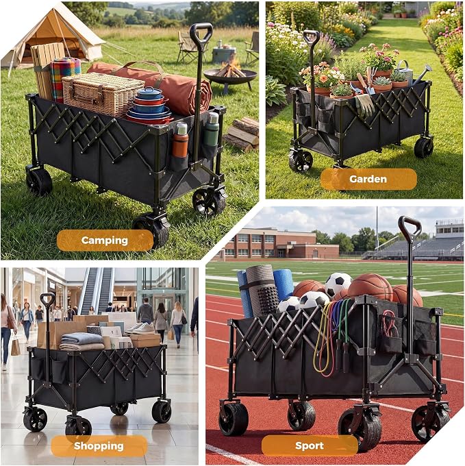 OLIXIS 49" Wagon Cart Collapsible 440lbs Foldable Extra Long Heavy Duty Utility Wagon with Wheels, Portable Storage Grocery Cart for Camping, Shopping, Sports, Beach, Garden, Black