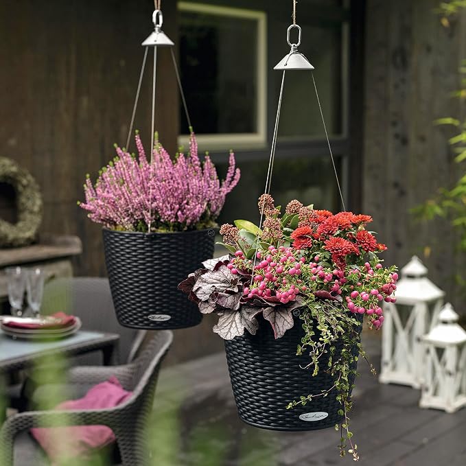 Lechuza Nido Cottage 28 Graphite Black, Self-Watering Hanging Planter, D10.6 H9.1 in