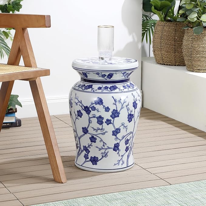 JONATHAN Y Cherry Blossom 18" Ceramic Chinoiserie Garden Stool, Traditional Floral Accent Side Table and Plant Stand for Indoor/Outdoor Garden, Patio, Living Room, Blue/White TBL1016A