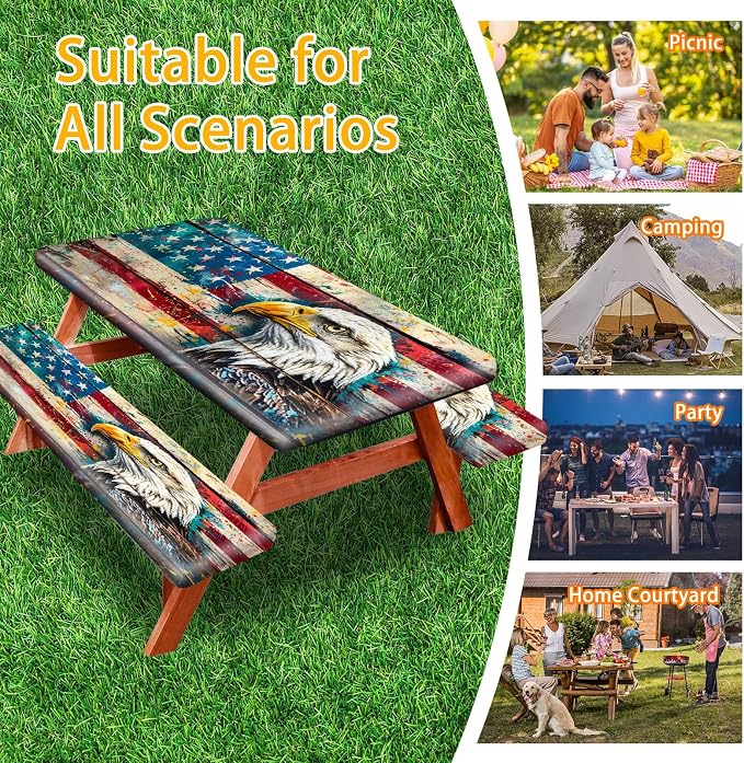 Picnic Table Cover with Bench Covers Camping Essentials Waterproof Windproof Camping Tablecloth with Elastic, Fits Table 30"x 72" Rectangle and Seats, Wood Grain American Flag
