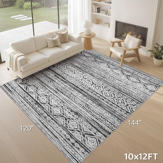 cotiled Boho 10x12 Area Rug for Living Room: Large Moroccan Washable Rug | Solve Modern Neutral Trendy Home Decor - Stain Resistan Carpet for Bedroom Farmhouse White Black
