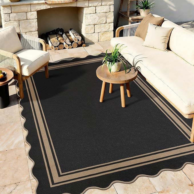 6x9 Scalloped Rug Easy Jute Washable Outdoor Patio Rug for Living Room Indoor Outdoor Black Geometric Neutral Carpet for Backyard Patio Dining Room