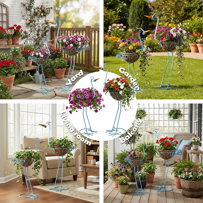 Pelican Metal Flowers Plant Holders Stand with Coconut Pots 2 Sets | Manortang Plants Stand Flower Pots Outdoor, Room Home Living Room Front Outdoor Patio Decor, Gardening Decoration Gifts