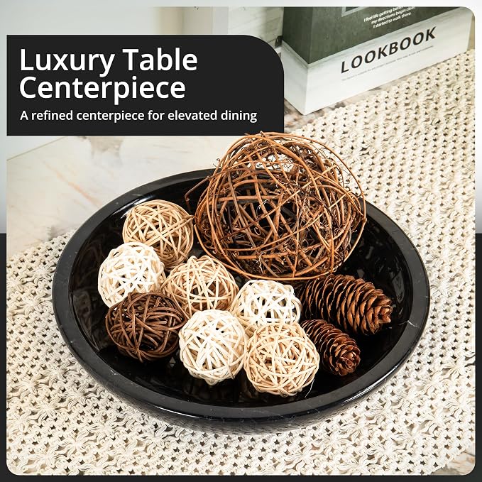 Decorative Marble Bowl Black - Handcrafted Natural Stone on Acacia Wood Pedestal - Versatile 10" Catch‑All Centrepiece for Home Decor - Entryway, Dining Table, Kitchen Fruit Bowl, Key Holder (Black)