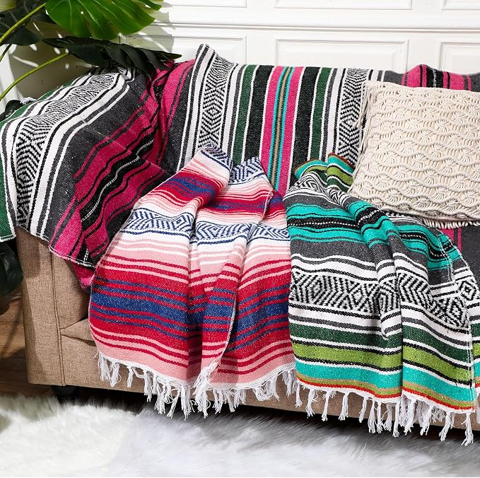 Oudain 3 Pack Mexican Blankets 45 x 70 Inch Woven Serape Throw Blanket, Baja Yoga Blanket for Beach Picnic Camping Boho Couch Decor Travel Outdoor (Classic Color)