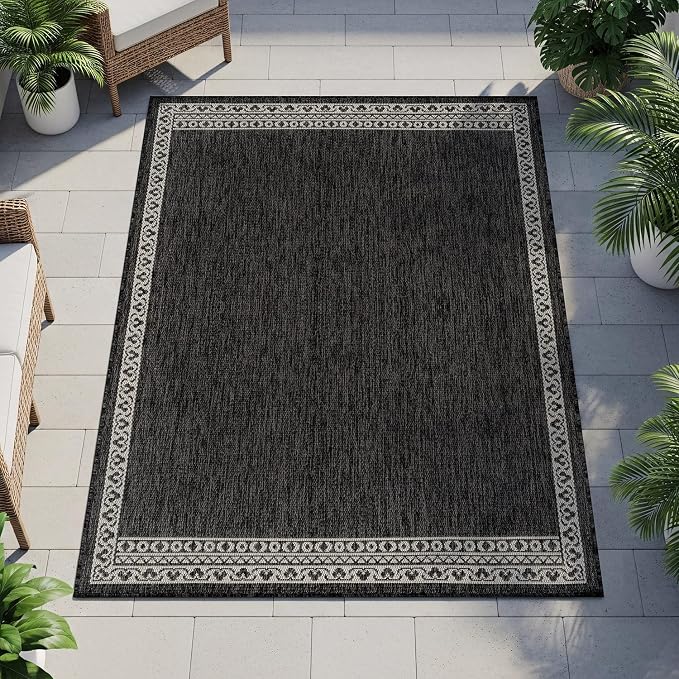 Washable Outdoor Rug 10x14 Modern Area Rugs Outdoor Carpets Bordered Pattern Non Shedding Waterproof Easy Clean Patio Deck Porch Living Room Bedroom Garden RV (10 X 14 Dark Gray)
