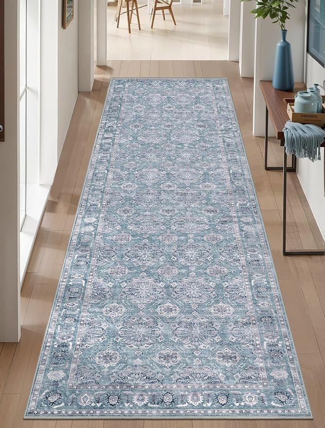 SERISSA 2'6"x8' Washable Non Slip Floral Boho Runner Rug for Hallway | Ultra Soft Vintage Floral Carpet Low-Pile Blue Grey Indoor Mat Throw Rug for Kitchen Bedroom Bathroom Laundry Room