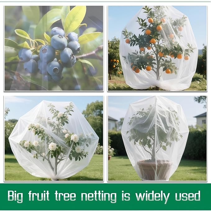 1 Pack 12×10Ft Large Drawstring & Zipper Fruit Tree Netting Cover - Reusable Bird Netting for Blueberry Bushes, Anti-Cicada/Deer/Squirrel Large Plant Protection Net