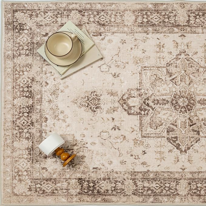 Brown 5x7 Washable Area Rug Living Room Vintage Oriental Carpet | Soft Low Pile, Non Slip, Stain Resistant, Floral Medallion, Retro Indoor Decor for Bedroom, Dining Room, Kids Room, Office