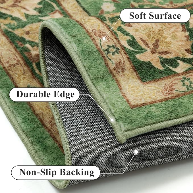 Green Area Rug 5x7 Living Room Vintage Floral Non-Slip Carpet | Machine Washable, Soft, Low Pile, Distressed, Large for Bedroom, Dining Room, Office, Retro Farmhouse Decor