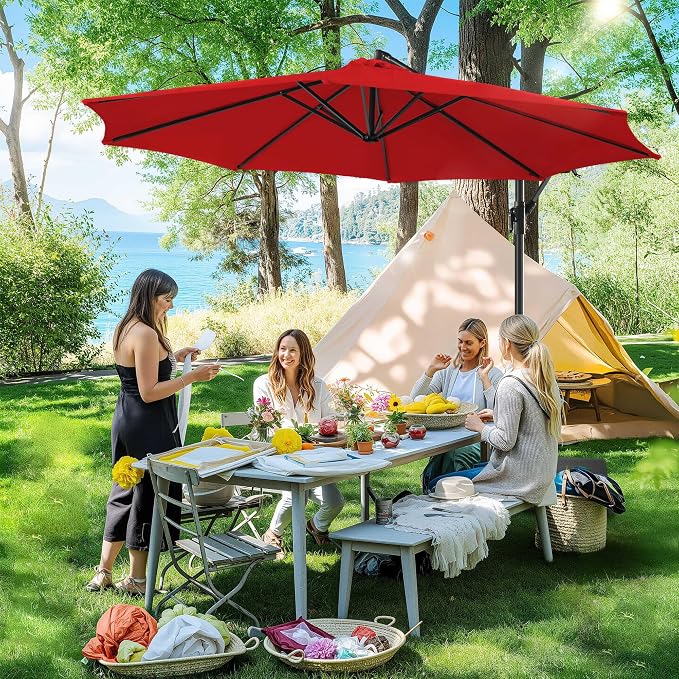 Offset Patio Umbrella Cantilever - 10 FT Cantilever Umbrella Outdoor with Crank and Cross Base, UV Protection Large Patio Umbrella for Garden, Deck, Backyard, Pool, Porch (Red)