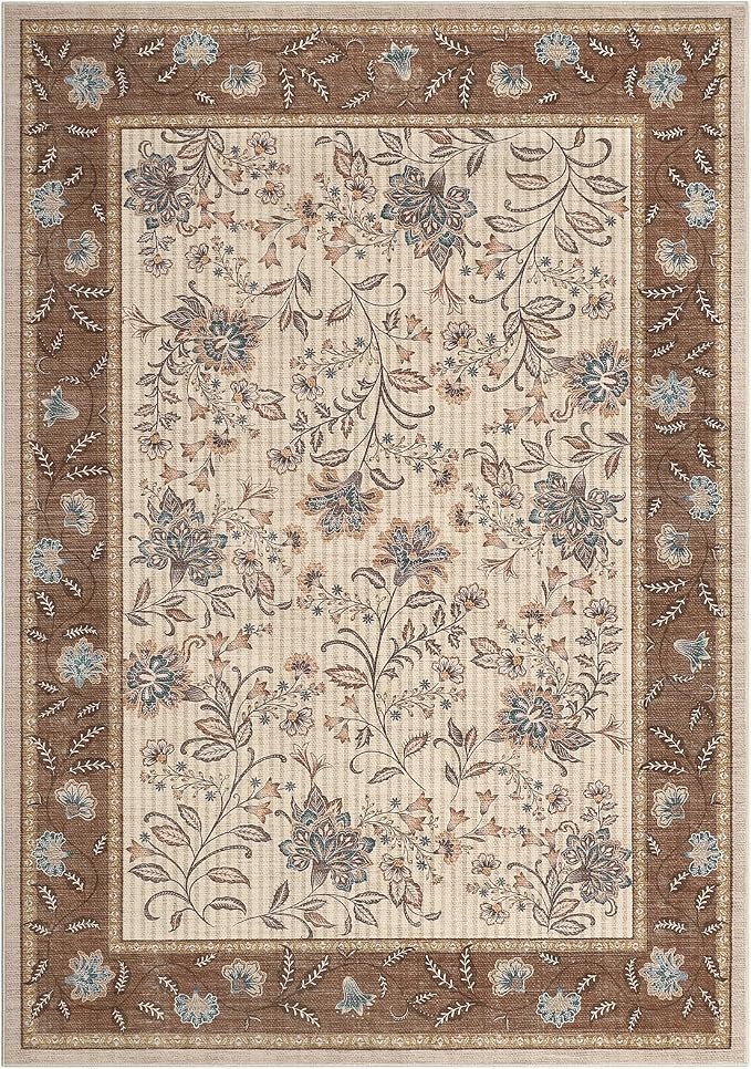 GarveeHome 8x10 Brown Washable Area Rug Living Room Bedroom Non Slip | Botanical Floral Print Rug Soft Floor Mat Carpet Indoor Thin Cottage core Rug for Dining Room Playroom Nursery Room