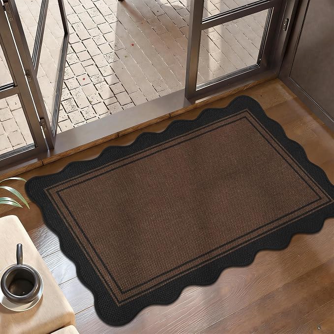 Easy Jute Kitchen Rug 2x3 Front Door Mat Washable Non Slip Entryway Rug Farmhouse Neutral Low Pile Scalloped Carpet for Entryway Proch Doorway