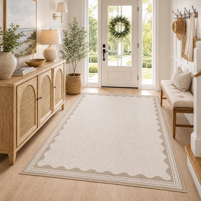 GarveeHome Scalloped Beige Washable Rugs 9x12 Rug for Living Room Non-Slip Solid Modern Minimalism 9 x 12 Rug Low-Pile Carpet for Bedroom Dining Nursery Mat with Rubber Back