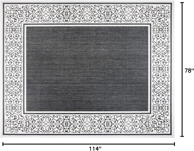 Gertmenian Indoor/Outdoor Flatweave Area Rug - 5x7 Standard, Stain & UV Resistant, Ideal For Deck, Patio, Poolside, Mudroom - Abstract Border, Dark Grey White, 22946