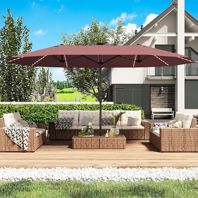 GDPFN 15ft Large Patio Umbrella with Solar Lights, Outdoor Double-Side Rectangular Umbrella, Backyard Pool Umbrella with LED Light for Deck, Outside, Market, Burgundy (Base Not Include)