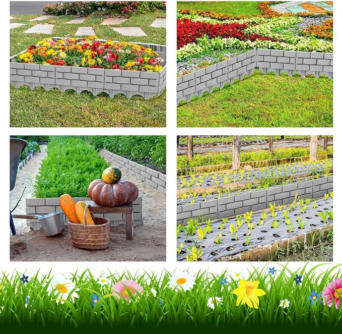Landical 4 Pcs Imitation Stone Garden Fence, Faux Stone Retaining Wall Look Garden Bricks Border with Ground Stakes, 17.3 x 12.6 in Gray Plastic Edging Blocks for Flower Beds, Lawn, Mulch (Gray)