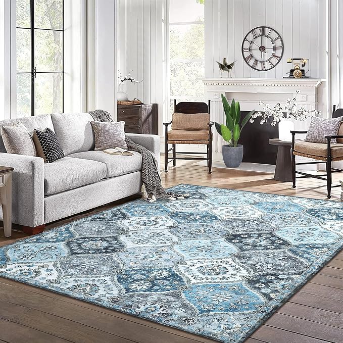 ROYHOME 8x10 Area Rug Moroccan Trellis Machine Washable Rug, Blue/Grey | Vintage Medallion Distressed Indoor Accent Rug Stain Resistant Non-Slip Floor Cover Carpet for Living Room Bedroom