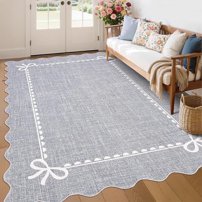 GarveeHome Scalloped Bow Rug 9x12 Washable Grey Rug for Bedroom Living Room | Non Slip Soft Low Pile Large Indoor Carpet for Nursery Girls Bedroom Decor Hallway Kids Room College Dorm Playroom