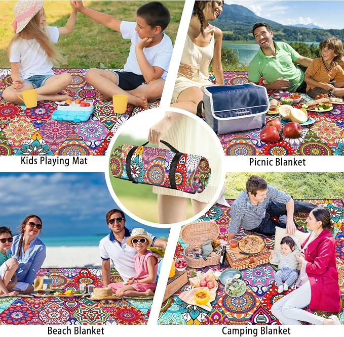 Picnic Blankets Beach Blanket 80" X 80" Extra Large Waterproof Camping Blankets Portable Outdoor Mat 3-Layer Blanket for Beach, Hiking, Park, Music Festival, Grass Lawn,Travel