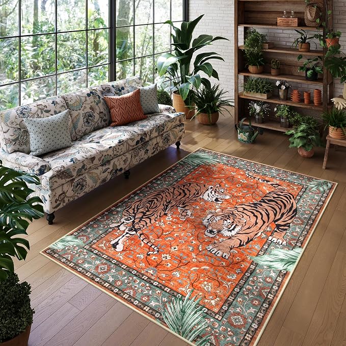 Moynesa Tiger 5x7 Area Rug, Boho Washable Living Room Rug, Non Slip Rugs for Bedroom, Ultra Thin Vintage Soft Stain Resistant Throw Floor Carpet for Office Dining Room, Rust