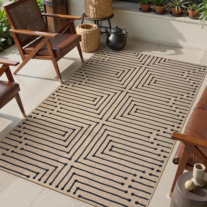 Lahome Boho 3x5 Outdoor Rugs for Entry, Washable Easy Jute Rug | Maze Lines Modern Throw Rug Non Slip Stain Resistant Door Mat for Front Porch Balcony
