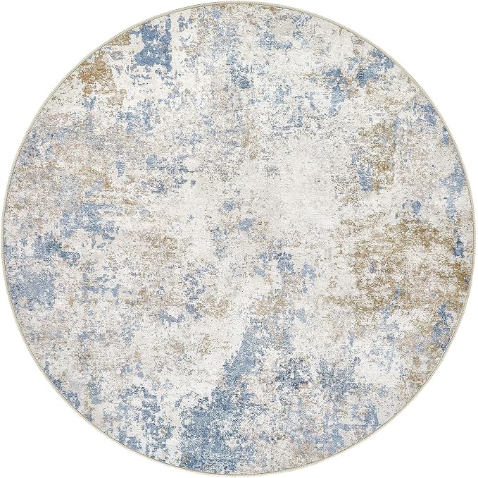 Nakagishi 6X6 Abstract Washable Area Rugs for Living Room-Blue Brown | Modern Non-Slip Silicone Backing Low Pile Soft Carpet for Bedroom Dining Decor Ideal for Families with Kids and Pets