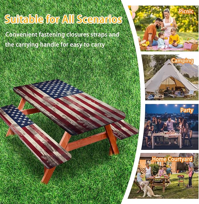 Picnic Table Cover with Bench Covers 6FT 3PCS, Camping Essentials, Fitted Camping Tablecloth Waterproof and oilproof with elastic Edge for Indoor Outdoor Patio, Retro American Flag (72inch)