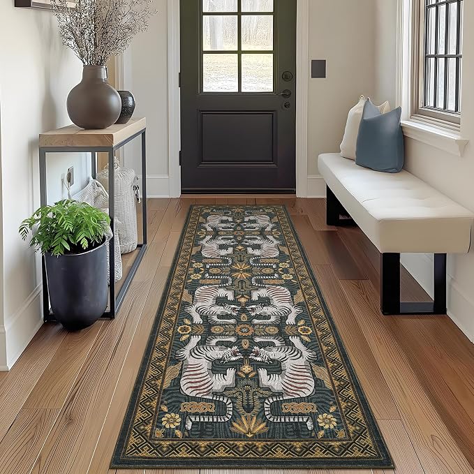 GarveeHome Tiger Print 2.5'x8' Washable Non Slip Runner Boho Hallways Rugs | Blue Kitchen Runner Ultra Thin Soft Vintage Tribal Indoor Throw Floor Carpet for Laundry Entryway Bedroom Bathroom