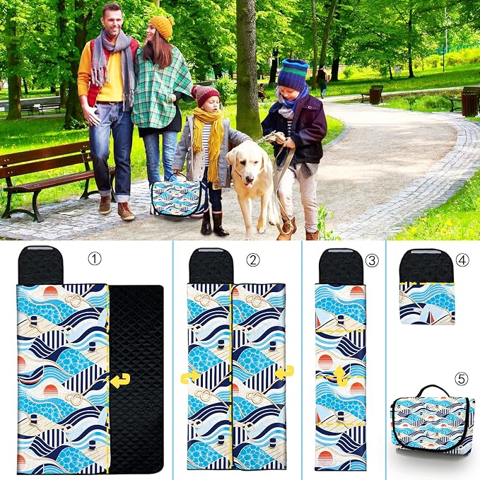 Extra Large Picnic Blanket Waterproof,80"x 80"Foldable Machine Washable Outdoor Blanket,Blue Beach Blanket for 6-8 Adults,Picnic Mat Suitable for Indoor Crawling,Park Beach,Camping,Hiking,Travel