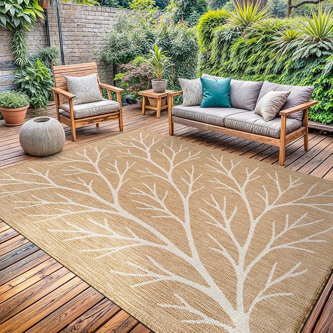 Washable Indoor Outdoor Rug 5x7 Modern Area Rugs Branch Pattern Non Shedding Waterproof Easy Clean Patio Deck Porch Living Room Bedroom Garden RV (5 X 7 Natural)
