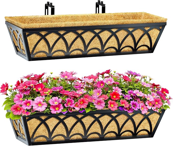 24 Inch Railing Planter Box Window Boxes Planters - 4 Pack Deck Railing Planter Boxes with Adjustable Brackets Coco Liners Balcony Planters Railing Hanging for Window Flower Boxes Outdoor Garden Decor