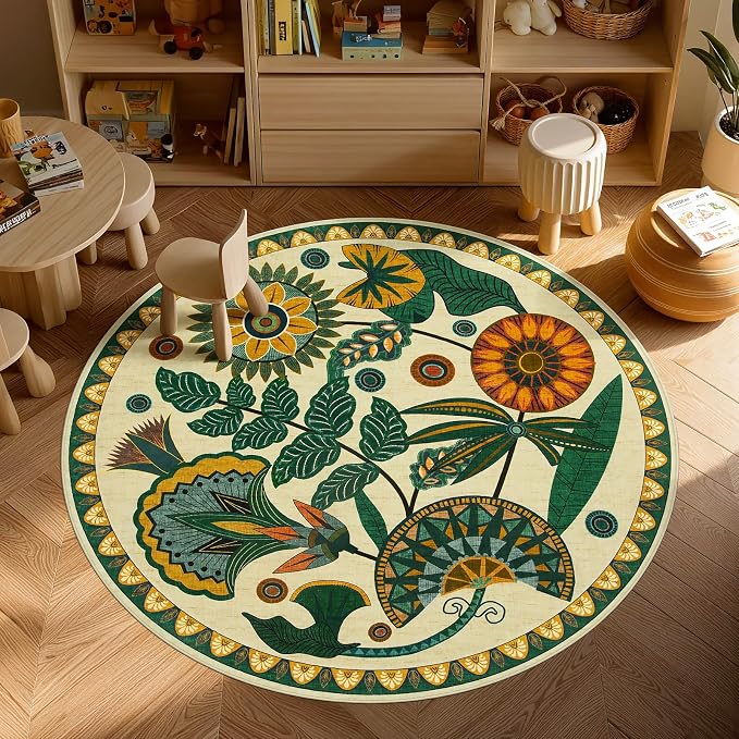 Joydeco Washable Round Rugs 6FT, Circle Area Rug for Bedroom Living Room | Boho Colorful Egypt Floral Non Slip Stain Resistant Flower Indoor Carpet for Dining Room Nursery Guest Room Kitchen, Beige