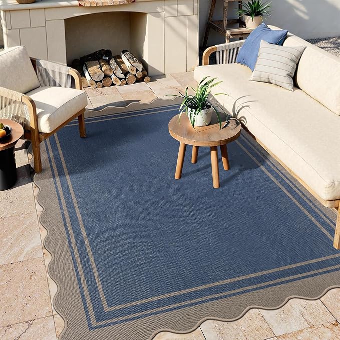 5x7 Scalloped Rug Easy Jute Washable Outdoor Patio Rug for Living Room Indoor Outdoor Blue Geometric Neutral Carpet for Backyard Patio Dining Room